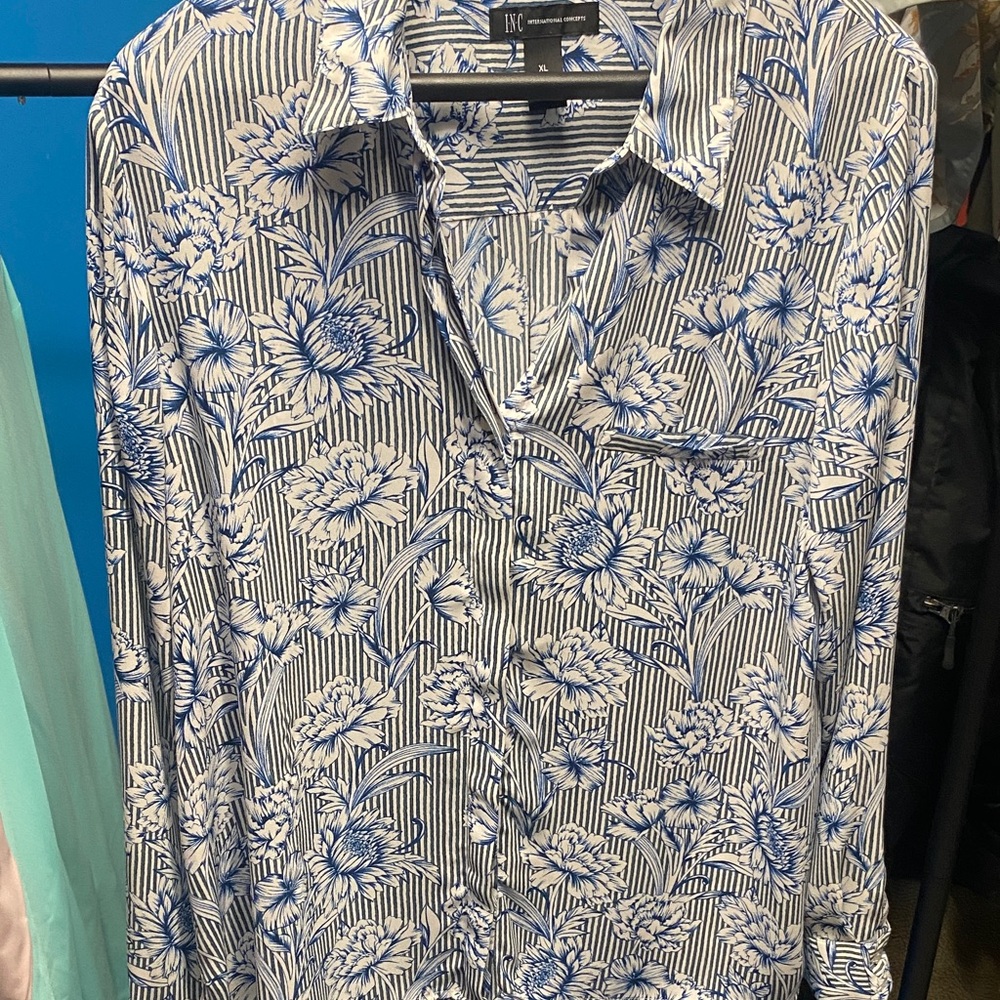 INC International Concepts Men's Striped Blue Floral Shirt